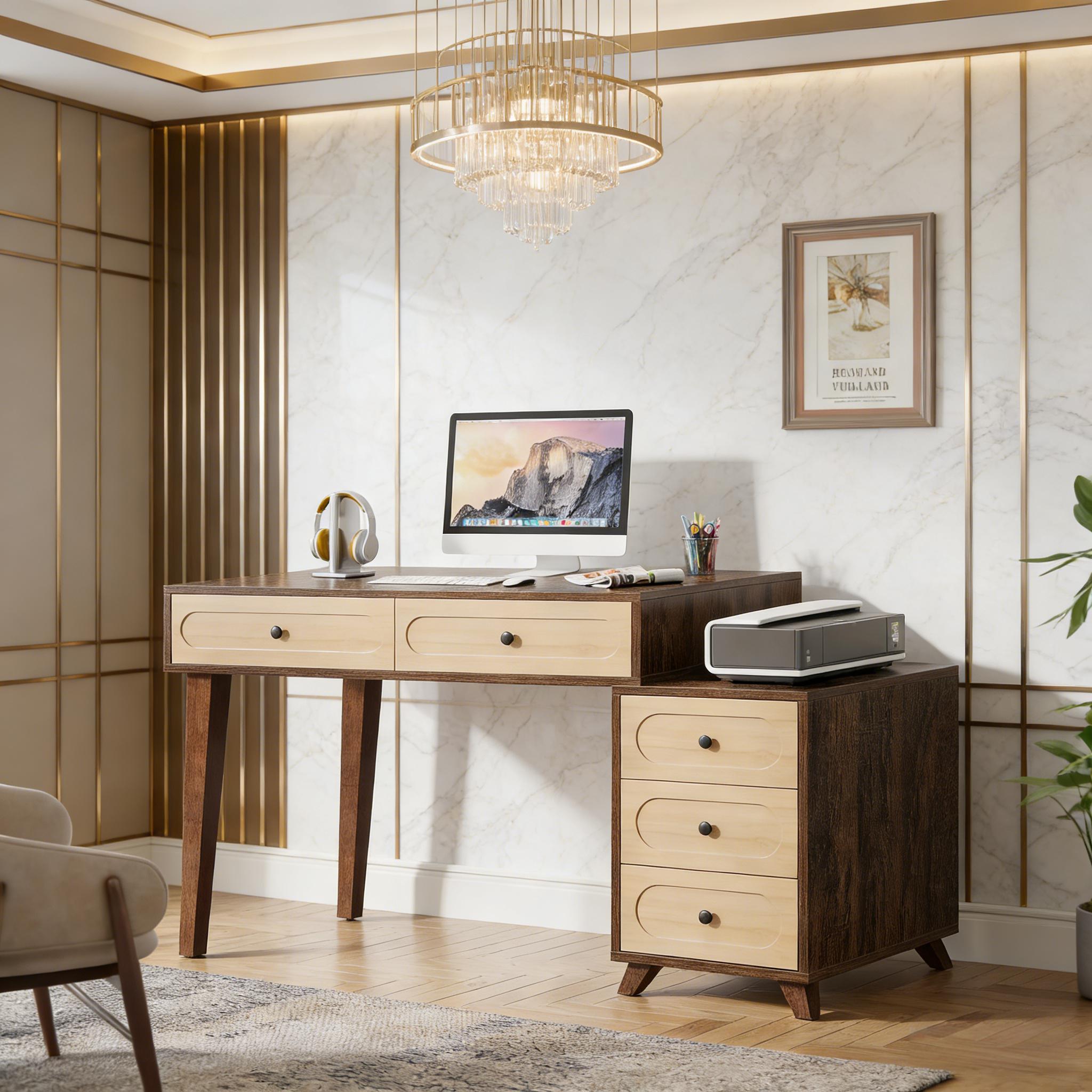 5 Drawers Computer Desk, 51" Study Writing Table With Reversible Drawer Cabinet_voghion.com